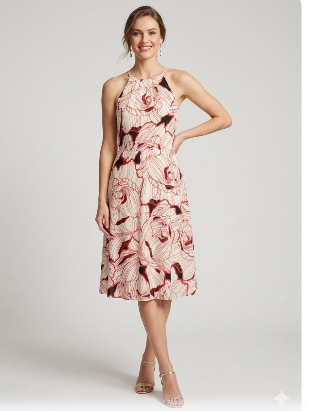 Ann Taylor Factory Cream Midi Dress with Red Floral Print